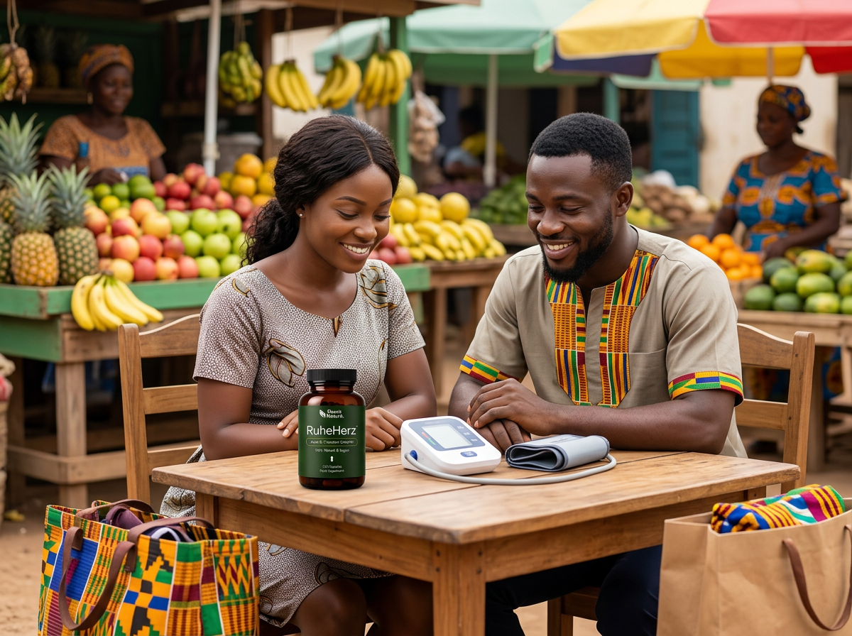 Young Ghanaian couple with RuheHerz bottle and blood pressure monitor